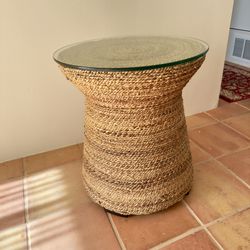 Woven Seagrass Side End Table with Glass Top