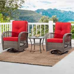 Set 3 Piece Outdoor Patio Furniture, Wicker Swivel Rocking Chair Set with Matching Coffee Table & Premium Fabric Cushion(Mixed Grey/Red)