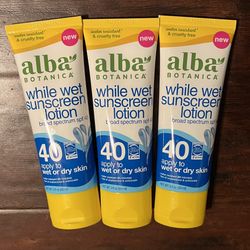 New x3 Tubes Alba Botanica Broad Spectrum SPF 40 While Wet Sunscreen Lotion (3 oz ea bottle)