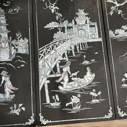 Chinese wall art vintage shell mother of pearl inlay Asian lacquer wood plaques set of four   Asking $200 or best offer 
