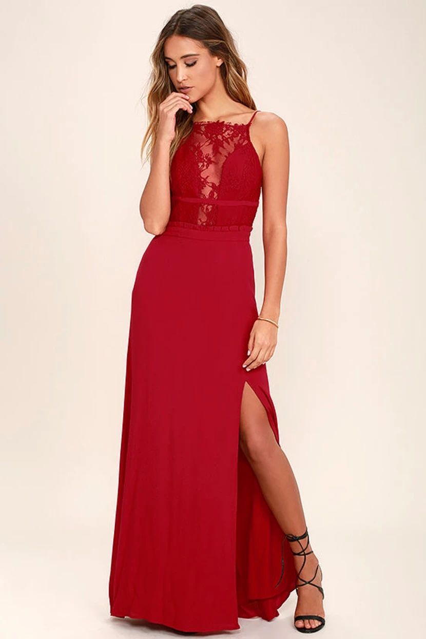 NBD Red Lace Backless Maxi Dress