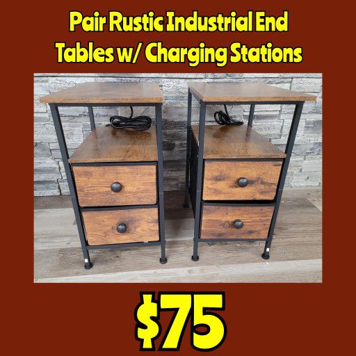 New Pair Rustic Industrial End Tables w/ Charging Stations: Njft