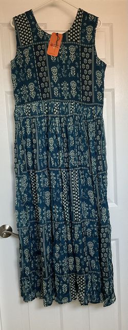 Blue-green Teal Sleeveless Indian Printed Top Long Kurti With Seperate Sleeves And Belt 