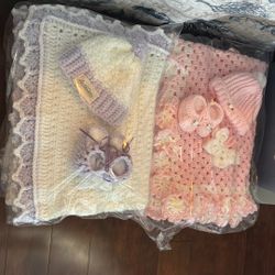 Handmade Crochet Baby blanket,hat, booties Set