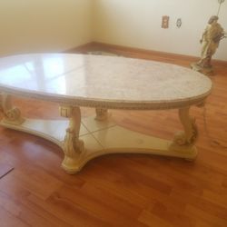 Antique Coffee table With Two Side Tables, Pink Marble  On Top
