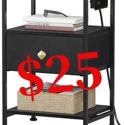 Nightstand with Charging Station, Bedside Table with Adjustable Leather Fabric Drawer, End Table with 3-Tier Storage Open Shelf, Night Stand with Draw