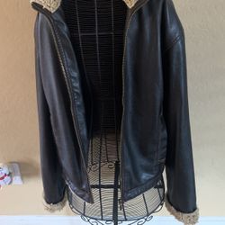 Small  Leather Like Jacket With Fur Hoodie  and Cuffs 