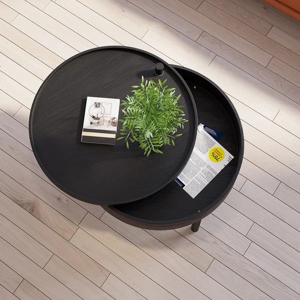 Modern Round Wood Rotating Tray Coffee Table with Storage & Metal Legs in Black
