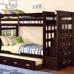 Twin / Twin Ladder Bunk Bed Pullout Trundle Bed / Mattress Included.  💢 Litera Twin -twin - Twin Con Cajones En Las Escaleras 