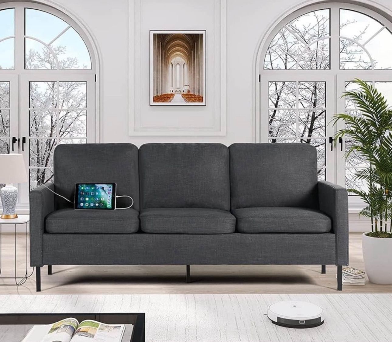 76” W Fabric 3 Seater Sofa Couch With 2 USB 