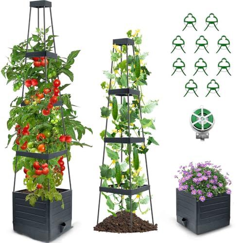 57in Raised Garden Bed Planter Box with Trellis, Self Watering Tomato Cage Planter Raised Garden Bed with Trellis for Climbing Vegetables Plants Tomat