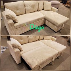 Beige Corduroy Pull out sofa with storage