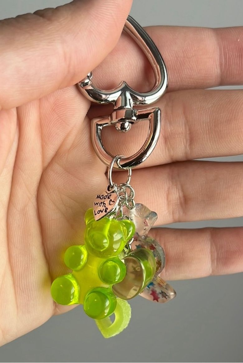 Colorful Green GummyBear Keychain With Candy Charms And Heart Silver Clip