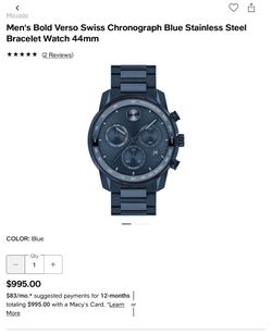 Brand New Movado Bold Verso Blue Ion-Plated Case & Band Swiss Chrono Men's Watch