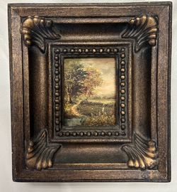 Vintage Original Unsigned Landscape Oil Painting with a Chunky Gilded Ornate Frame 6.5”x7”
