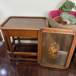 Antique Vintage Wooden Side Table With Removable Serving Tray Top