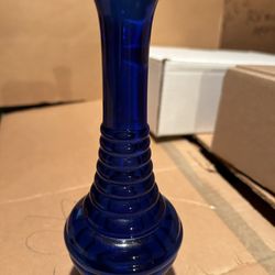 Cobalt Blue Glass Flower Vase Round  - Ribbed Design  8" USA - Vintage