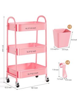 Pink Metal Rolling Cart with Lockable Wheels, Three Tiered Storage Carts, Pink Roller Trolley on Wheels, Utility Organizer for Bathroom, Art, Craft, B