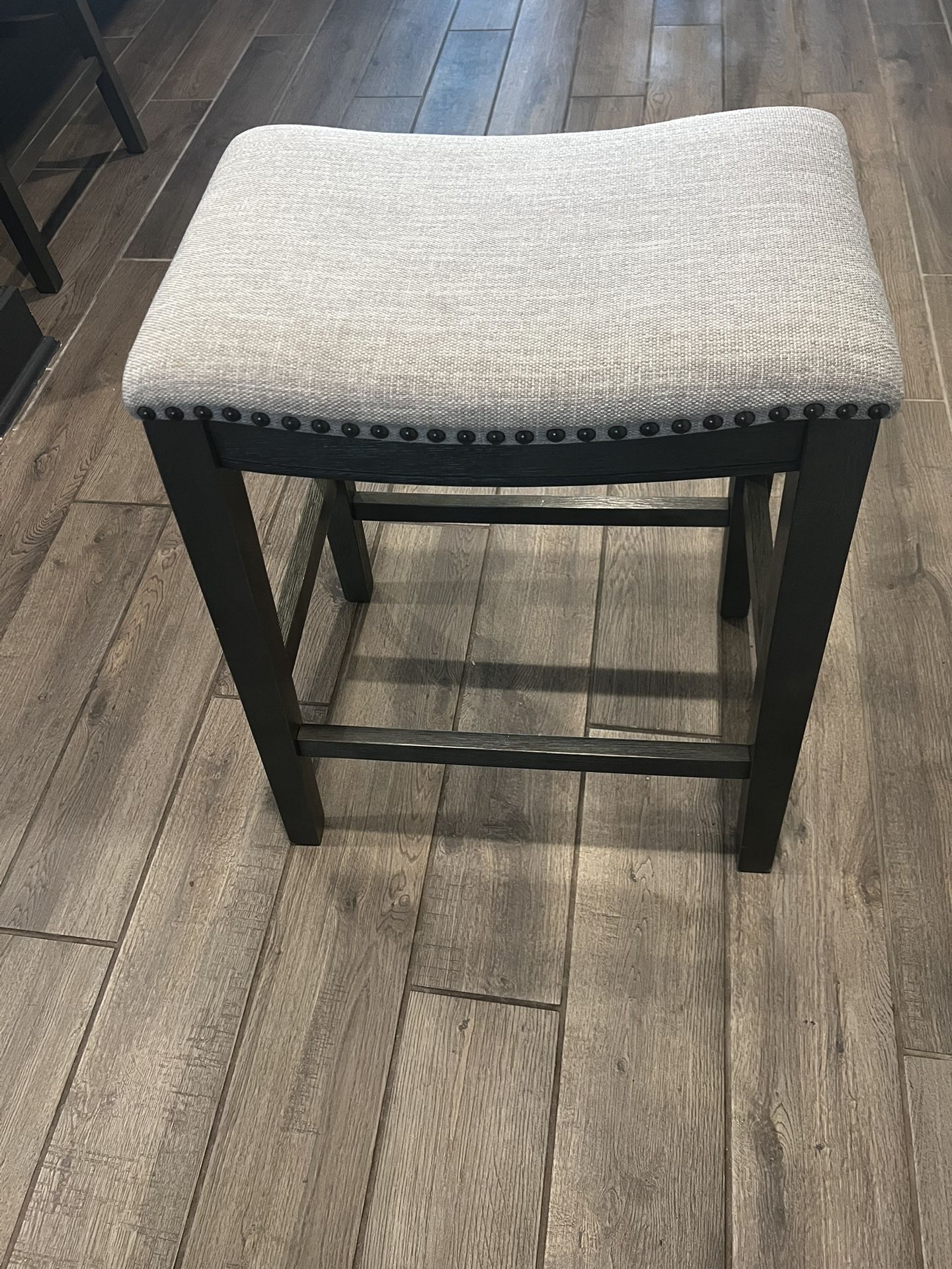 2 Saddle Grey Wooden Fabric Barstools With Nailhead Trim