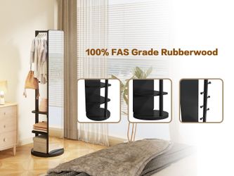 360° Rotating 69x16 Multifunctional Full Length Mirror with Hook Storage Rack Coat Rack with Mirror Solid Wood Floor Mirror Bedroom Living Room Cloakr