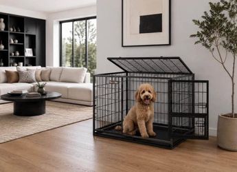 36.4" Heavy-Duty Dog Crate, Feeding Door, Double Doors Escape-Proof Metal Kennel, Removable Tray.
