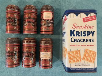 Antique Hoosier Cabinet Spice Tins & Sunshine Cracker Tin