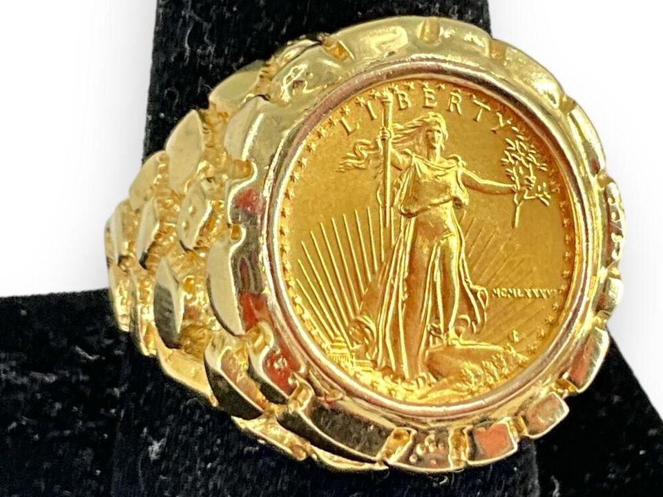 14 K Gold Men’s Nugget Coin Ring W/ 22 k 1/10 Oz American Eagle 