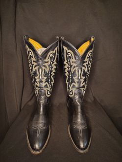 Tony Lama Vintage Black Leather Cowboy Boots With Tan, White And Gray Stitching