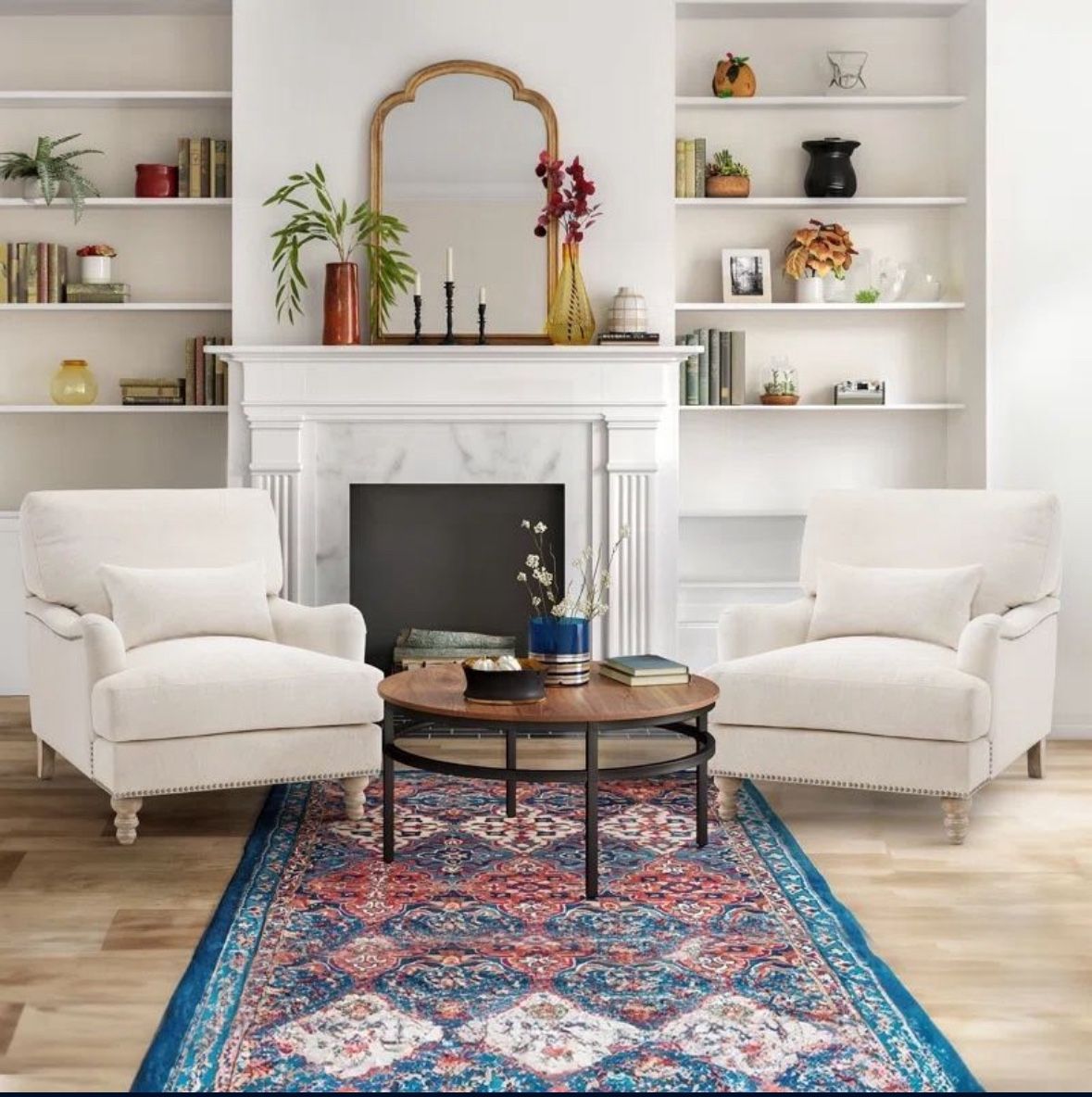 Oversized Accent Chairs Set of 2 with Lumbar Pillow, Cream Linen Upholstery, Nailhead Trim & Turned Wooden Legs