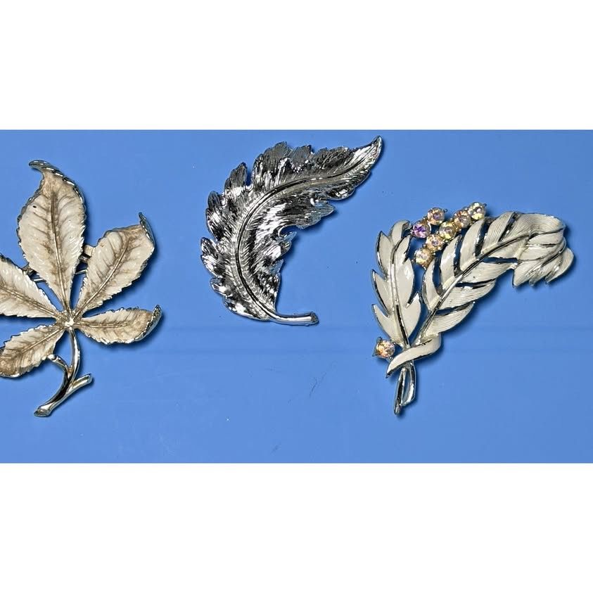 Vintage Lot 3 Leaf Branch Brooch Silvertone Goldstone, Enameled Rhinestone 2"