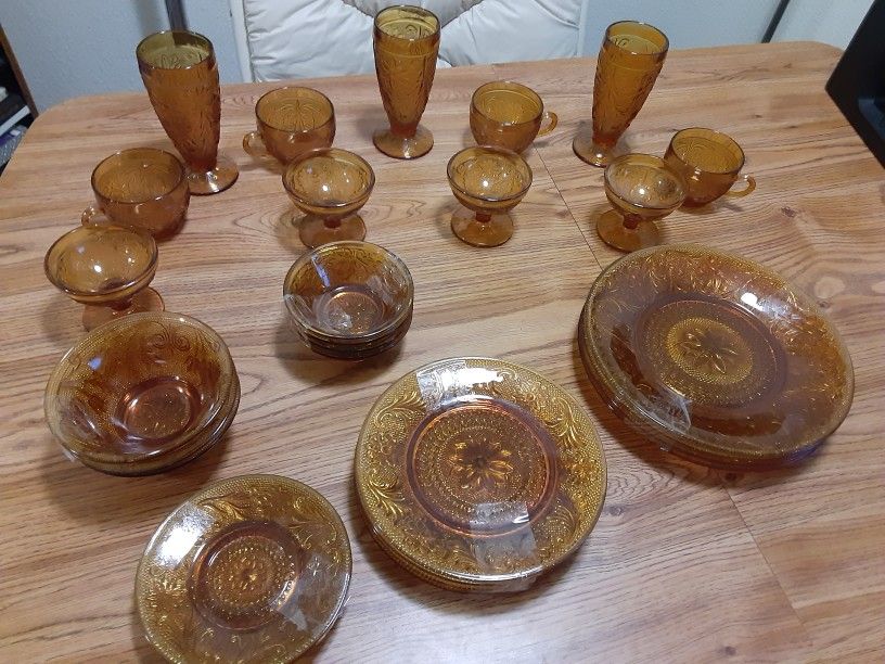 Full Vintage Amber Indiana Tiara Dish Set. Cups, Plates, Bowls
