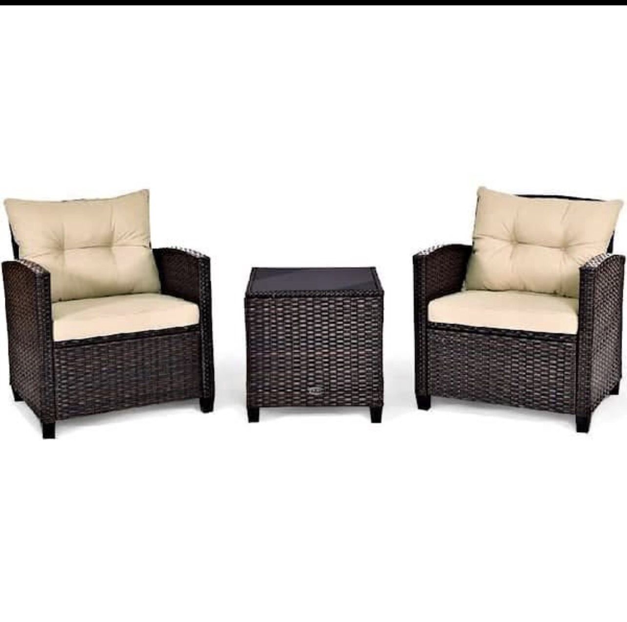 3-piece Rattan Wicker Patio Conversation Set Sofa Coffee Table With Yellowish Cushions 