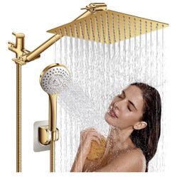 High Pressure Rainfall Shower Head/Handheld Shower Combo with 11" Adjustable Extension Arm, 5 Spray Settings Shower Heads with 60" Hose Anti-leak (Gol