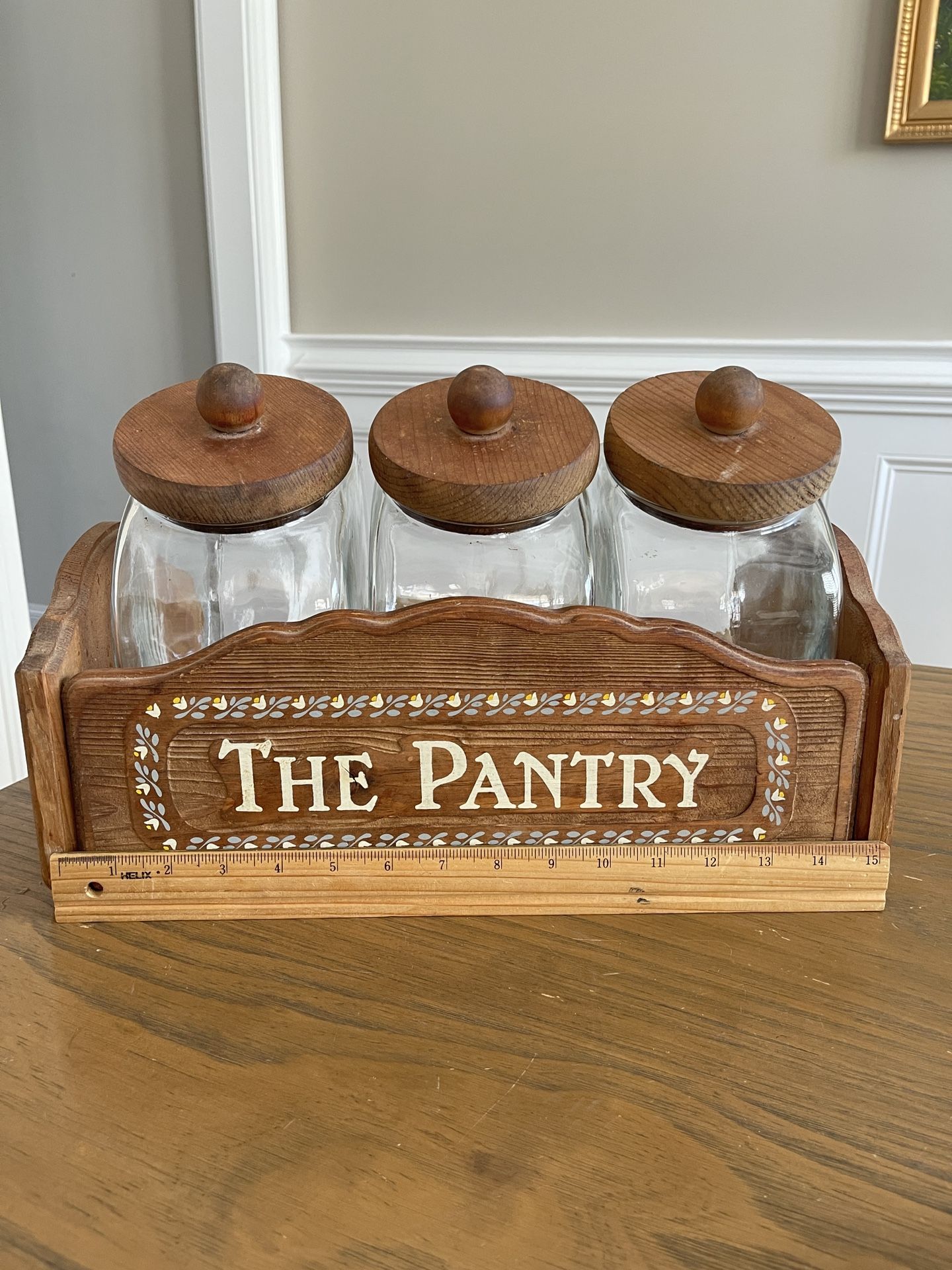 Vintage Glass Merchant Canister Candy Cookie Jar Wood Lid Set of 3 Made In USA