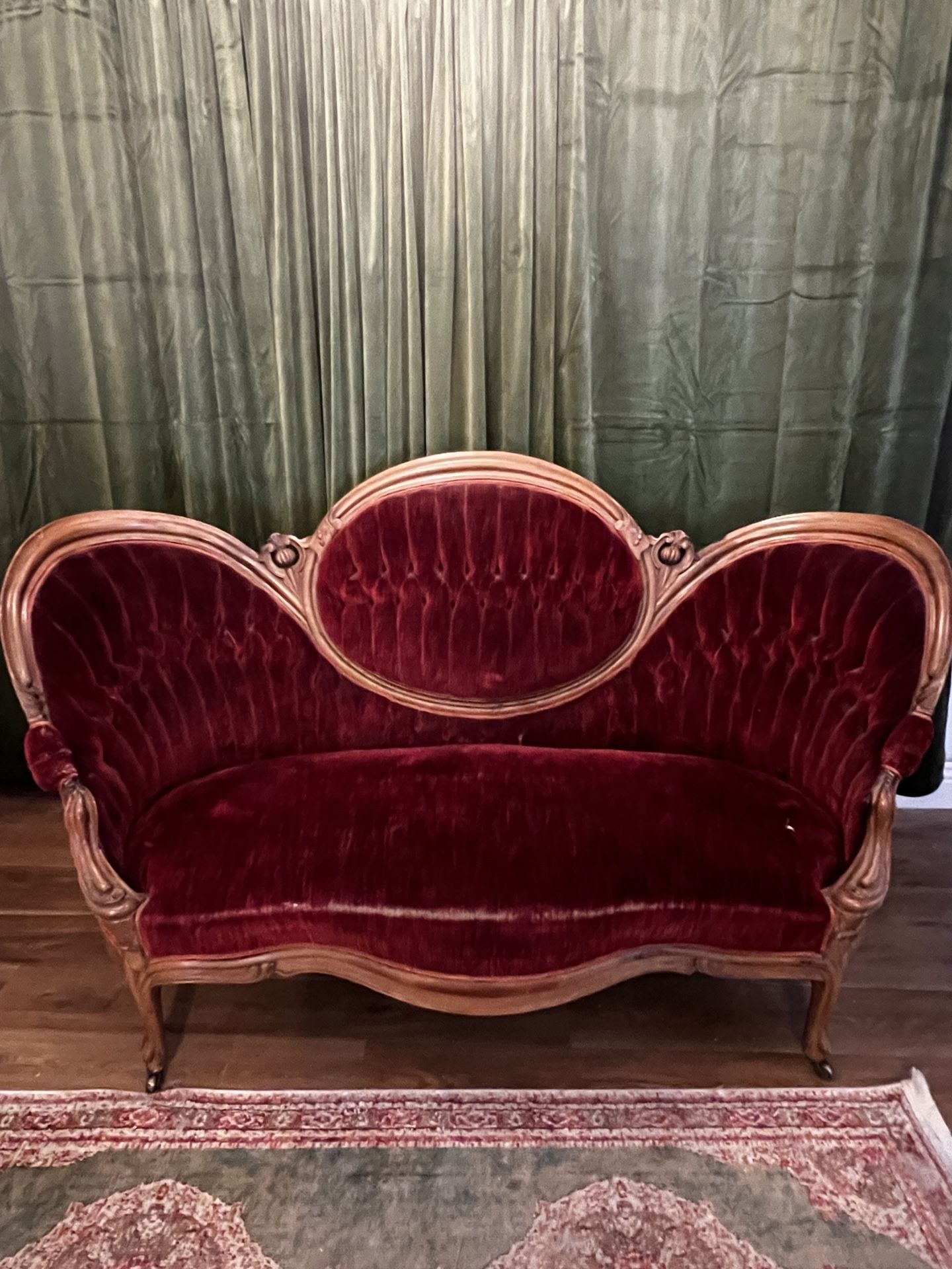 Red Velvet Couch/Settee And Chairs