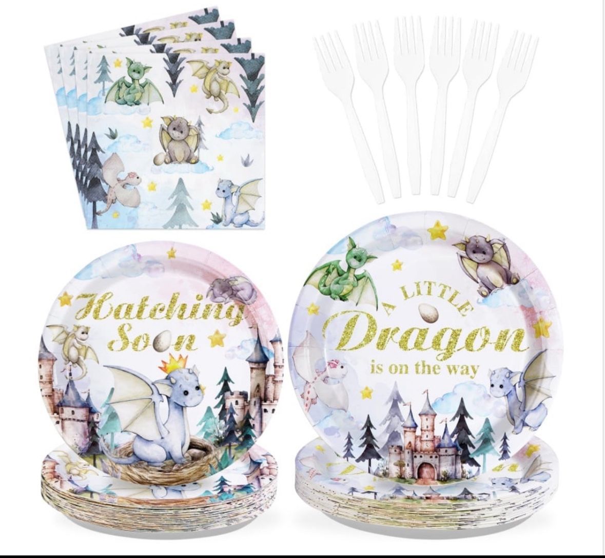 96pcs Dragon Baby Shower Decorations - Watercolor Dragon Baby Shower Party Plates & Tableware For Boys & Girls - Serves 24 Inventory Number 104115468