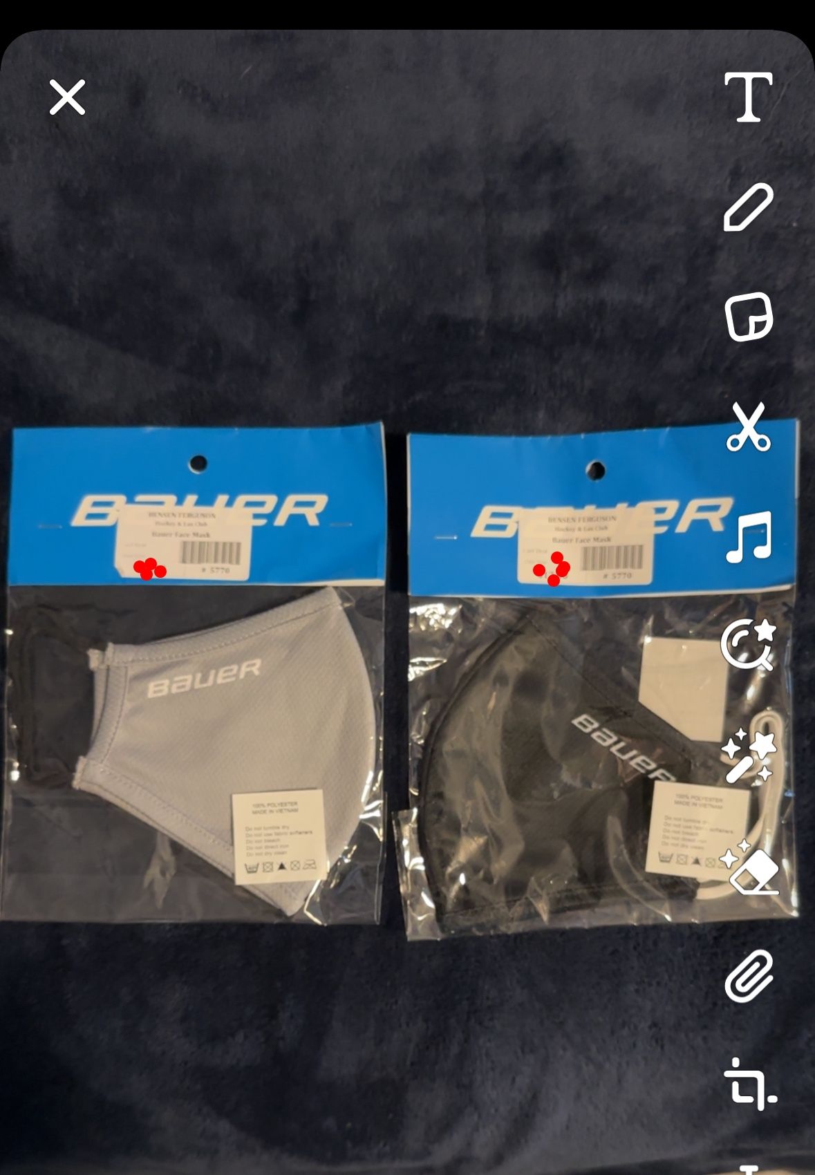 4 Bauer Face Masks. /2 For $20/4 For $30/ 1 For $8