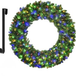 48-Inch Pre-Lit Christmas Wreath with Bow – 270 LED Lights, 700 Tips, Timer, Remote & Hook | Plug-In Outdoor Holiday Decor