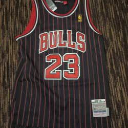 Beautiful Brand New Mitchell And Ness Made Michael Jordan Chicago Bulls Jersey!! (Black/Red With White Pinstripes)