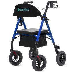 All-Terrain Rollator Walker with 10” Non-Pneumatic Wheels, Sponge Padded Seat and Backrest, Fully Adjustment Frame for Seniors, Blue