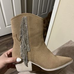 Rhinestone Beige Suede Cowboy Boots 