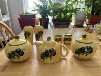 Olive Branch Tea Pot, Sugar Bowls, Salt and Pepper Shakers