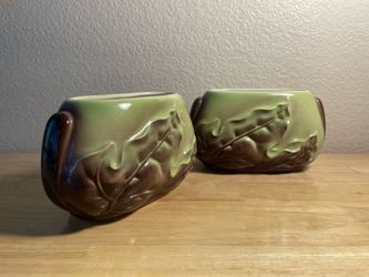 2 Vintage Royal Copley Harmony Leaf Brown Green Chartreuse Ceramic Planter MCM Mid Century Modern