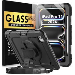 Tablet Case with Tempered Glass Screen Protector & Pencil Holder for iPad Pro11 5th Gen (A2836, A2837, A3006) with Stand Shoulder Strap, Black