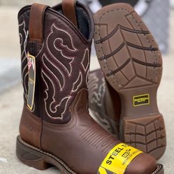 Dark Brown Simple Cowboy Work Boots (Steel Toe)