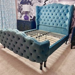 Queen Size Velvet Bed Frame & 108 Inch Curtains (2 Pairs)