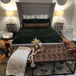 Queen bed with statement headboard