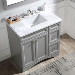 36”grey single sink bathroom vanity with carrara white marble stone top