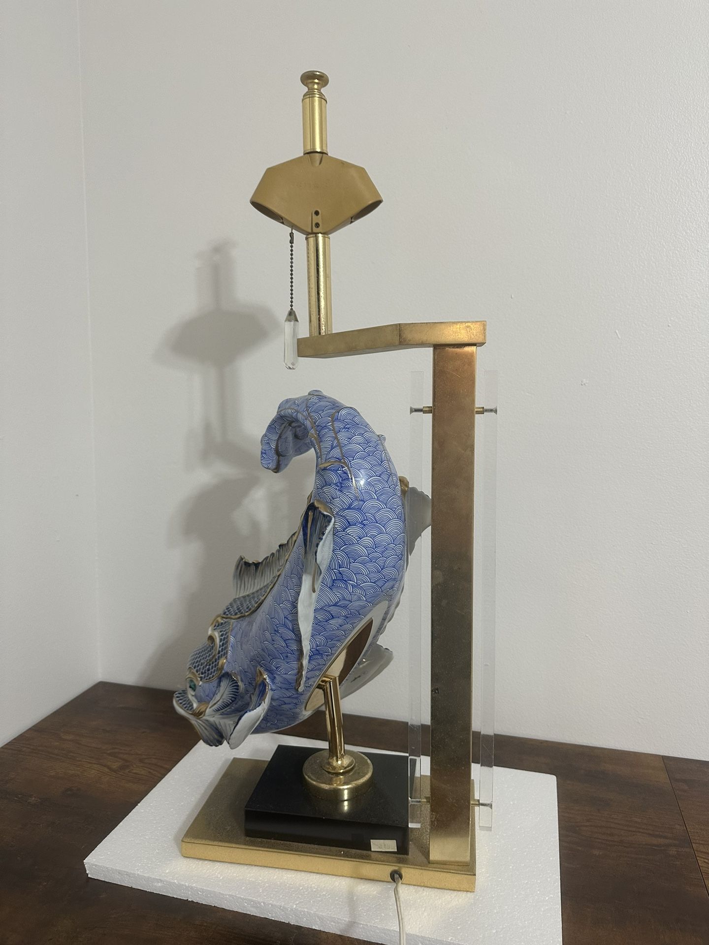 Giulia Mangani for Oggetti Italy Blue and White Gilt Porcelain Dolphin 19” tall