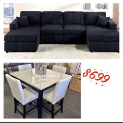 Beautiful Black Corduroy U Shaped Sectional Sofa With 5-Pc Counter Height Dining Set Brand New 